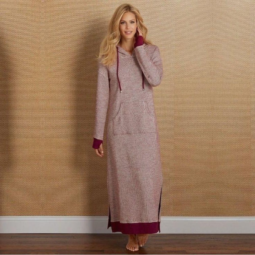 Soft Surroundings Womens Lazy Day Burgundy Knit Hooded Maxi Dress Size Small